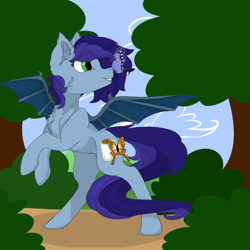Size: 1000x1000 | Tagged: safe, artist:royalwolf1111, oc, oc only, oc:blue bat, species:bat pony, bat pony oc, butterfly, commission, cute, ember the butterfly, rearing, smiling, ych result