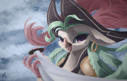Size: 1676x1080 | Tagged: safe, artist:fluttersheeeee, character:captain celaeno, my little pony: the movie (2017), clothing, ear piercing, earring, female, hat, jewelry, piercing, pirate hat, solo, sword, weapon