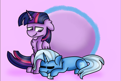 Size: 1024x693 | Tagged: safe, artist:tater, character:trixie, character:twilight sparkle, character:twilight sparkle (alicorn), species:alicorn, species:pony, ship:twixie, female, lesbian, requested art, shipping, sleeping