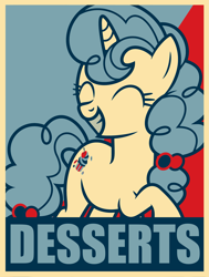 Size: 4539x5997 | Tagged: safe, artist:stay gold, character:sugar belle, species:pony, species:unicorn, absurd resolution, cutie mark, dessert, female, food, hair ornament, hope poster, mare, meme, smiling, solo, swag