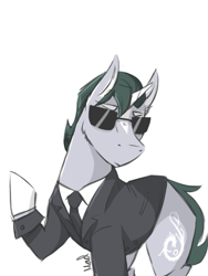 Size: 768x1024 | Tagged: safe, artist:mad-maker-cat, oc, oc:lowell antony hinks, species:pony, species:unicorn, clothing, male, simple background, solo, stallion, suit, white background