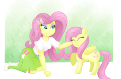 Size: 1863x1222 | Tagged: safe, artist:xethshade, character:fluttershy, species:human, species:pony, my little pony:equestria girls, boots, clothing, cute, human ponidox, petting, ponidox, raised hoof, self ponidox, shoes, shyabetes, skirt, smiling, socks, tank top