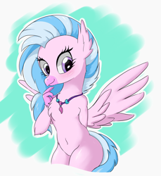 Size: 3200x3500 | Tagged: safe, artist:mingy.h, character:silverstream, species:classical hippogriff, species:hippogriff, belly button, cute, diastreamies, female, high res, jewelry, necklace, semi-anthro, solo