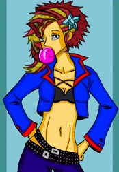 Size: 6000x8614 | Tagged: safe, artist:takrontoxicity, character:sunset shimmer, my little pony:equestria girls, absurd resolution, alternate hairstyle, belly button, belt, breasts, bubblegum, cleavage, clothing, female, food, gum, jacket, looking at you, midriff, open jacket, pants, solo