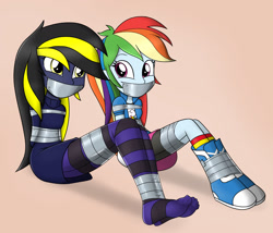 Size: 1400x1200 | Tagged: safe, artist:nivek15, character:rainbow dash, oc, oc:shadow thunder, my little pony:equestria girls, arm behind back, bondage, boots, clothing, compression shorts, duct tape, equestria girls-ified, feet, female, gag, hands behind back, looking at each other, missing shoes, pantyhose, shoes, shorts, skirt, socks, striped pantyhose, tape bondage, tape gag, upskirt denied