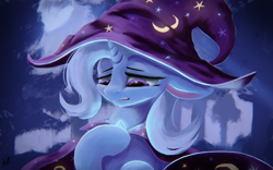 Size: 2560x1600 | Tagged: safe, artist:fluttersheeeee, character:trixie, species:pony, species:unicorn, cape, clothing, female, hat, mare, sad, solo, trixie's cape, trixie's hat