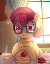 Size: 626x809 | Tagged: dead source, safe, artist:whiskyice, character:posey shy, species:pegasus, species:pony, cake, crying, cup, curtains, female, flower, food, glasses, implied fluttershy, jewelry, mother's day, plate, solo, tea, tears of joy, wide eyes, window