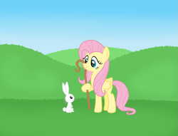 Size: 915x699 | Tagged: safe, artist:fluttershyfree, character:angel bunny, character:fluttershy, species:pegasus, species:pony, species:rabbit, animal, duo, female, male, mare, shepherd's crook
