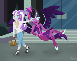 Size: 2500x2000 | Tagged: safe, artist:xethshade, character:midnight sparkle, character:twilight sparkle, character:twilight sparkle (scitwi), character:twilight velvet, species:eqg human, my little pony:equestria girls, alternate scenario, canterlot high, clothing, duo, duo female, ear pull, equestria girls-ified, feet, female, funny, hilarious in hindsight, imminent grounding, midnight sparkle, mother and daughter, mothers gonna mother, strict, unamused