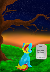 Size: 1880x2733 | Tagged: safe, artist:flamelight-dash, oc, oc only, oc:flamelight dash, species:pony, gravestone, implied death, male, night, night sky, rest in peace, sitting, sky, solo, stars, tree, tree branch