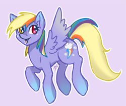 Size: 1024x863 | Tagged: safe, artist:buru-misu, character:derpy hooves, character:rainbow dash, species:pegasus, species:pony, female, flying, fusion, heterochromia, mare, signature, simple background, solo, tongue out