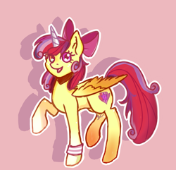Size: 1024x986 | Tagged: dead source, safe, artist:buru-misu, character:apple bloom, character:scootaloo, character:sweetie belle, species:alicorn, species:pony, alicornified, cutie mark, female, filly, fusion, race swap, raised hoof, simple background, solo, sweatband, sweetiloo bloom, the cmc's cutie marks, the ultimate cutie mark crusader, we have become one, wristband, xk-class end-of-the-world scenario