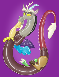 Size: 800x1035 | Tagged: safe, artist:hornbuckle, character:discord, species:draconequus, latex, male, purple background, rubber, simple background, solo