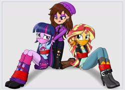 Size: 1800x1300 | Tagged: safe, artist:nivek15, character:sunset shimmer, character:twilight sparkle, character:twilight sparkle (alicorn), oc, oc:chloe adore, my little pony:equestria girls, arm behind back, bondage, boots, bound and gagged, cloth gag, clothing, commission, cute, ear piercing, equestria girls-ified, female, gag, hands behind back, high heel boots, jacket, leather jacket, leg warmers, lipstick, pants, piercing, pleated skirt, rope, ropes, shoes, simple background, skirt, white background