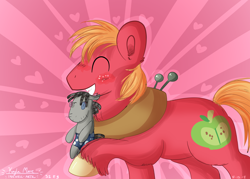 Size: 4900x3500 | Tagged: safe, artist:compassrose0425, character:big mcintosh, character:smarty pants, species:earth pony, species:pony, absurd resolution, blushing, cute, eyes closed, heart, macabetes, male, mouth hold, plushie, raised hoof, solo, stallion, sunburst background, toy