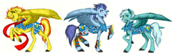 Size: 1600x506 | Tagged: safe, artist:php130, artist:rex42, character:fleetfoot, character:soarin', character:spitfire, species:pegasus, species:pony, alternate universe, armor, clothing, collaboration, female, greaves, leather armor, long description, male, mare, raised hoof, realistic anatomy, realistic horse legs, rearing, scarf, simple background, soldier, spread wings, stallion, tail feathers, tail wrap, white background, wings, wonderbolts
