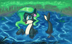 Size: 2300x1394 | Tagged: safe, artist:silverhopexiii, oc, oc only, oc:marina (efnw), everfree northwest, female, looking at you, orca pony, original species, smiling, solo, water, whale pony