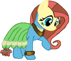 Size: 456x390 | Tagged: safe, artist:qjosh, character:fluttershy, character:meadowbrook, species:earth pony, species:pegasus, species:pony, accessory, bracelet, character to character, clothing, dress, female, hairband, jewelry, looking down, mare, necklace, pony to pony, raised leg, simple background, smiling, standing, transformation, white background