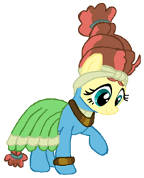 Size: 452x557 | Tagged: safe, artist:qjosh, character:fluttershy, character:meadowbrook, species:earth pony, species:pegasus, species:pony, accessory, bracelet, character to character, clothing, dress, female, hairband, headband, jewelry, looking down, mare, necklace, pony to pony, raised leg, simple background, smiling, standing, transformation, white background