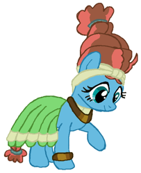 Size: 452x557 | Tagged: safe, artist:qjosh, character:fluttershy, character:meadowbrook, species:earth pony, species:pegasus, species:pony, accessory, bracelet, character to character, clothing, dress, female, hairband, headband, jewelry, looking down, mare, necklace, pony to pony, raised leg, simple background, smiling, standing, transformation, transformed, white background
