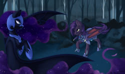 Size: 1712x1012 | Tagged: safe, artist:senpai, character:nightmare moon, character:princess luna, oc, oc:dawn sentry, species:alicorn, species:bat pony, species:pony, bat pony oc, bush, ethereal mane, female, forest, galaxy mane, grass, hoof shoes, mare, metal claws, rearing, tree