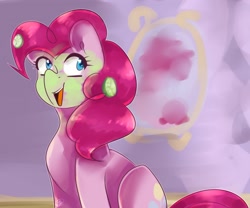 Size: 1280x1067 | Tagged: safe, artist:renka2802, character:pinkie pie, species:earth pony, species:pony, blue eyes, cucumber, female, food, mare, mirror, mud mask, open mouth, smiling, spa