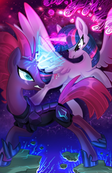 Size: 2650x4096 | Tagged: safe, artist:okapifeathers, character:fizzlepop berrytwist, character:tempest shadow, character:twilight sparkle, character:twilight sparkle (alicorn), species:alicorn, species:pony, species:unicorn, my little pony: the movie (2017), alternate scenario, broken horn, duo, eye scar, female, fight, glowing horn, magic, magic aura, mare, scar, sparking horn