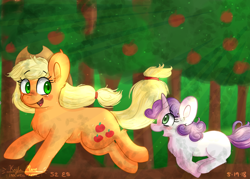 Size: 4900x3500 | Tagged: safe, artist:compassrose0425, character:applejack, character:sweetie belle, species:earth pony, species:pony, species:unicorn, episode:sisterhooves social, g4, my little pony: friendship is magic, apple, apple tree, chest fluff, clothing, female, filly, food, hat, mare, running, tree