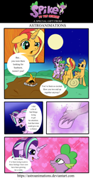 Size: 1600x3043 | Tagged: safe, artist:astroanimations, character:flash sentry, character:spike, character:starlight glimmer, character:sunset shimmer, species:dragon, species:pegasus, species:pony, species:unicorn, comic:spike to the rescue, ship:sparlight, campfire, comic, dialogue, holding hands, hundreds of users filter this tag, log, male, moon, semi-grimdark series, shipping, speech bubble, straight, winged spike