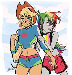 Size: 955x1000 | Tagged: safe, artist:nounoo, character:applejack, character:rainbow dash, ship:appledash, my little pony:equestria girls, belly button, board shorts, clothing, cowboy hat, female, freckles, hat, lesbian, midriff, shipping, shorts, stetson, swimsuit, timid