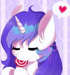 Size: 1415x1501 | Tagged: safe, artist:whiskyice, oc, oc only, oc:windy, species:pony, species:unicorn, abstract background, bow, bust, candy, eyes closed, food, hair bow, heart, horn, lollipop, pictogram, unicorn oc