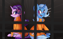 Size: 2800x1750 | Tagged: safe, artist:compassrose0425, character:starlight glimmer, character:trixie, species:pony, species:unicorn, clothing, cuffs, duo, duo female, female, frustrated, jail, prison, prison outfit, prisoner, shackles, smiling, varying degrees of want