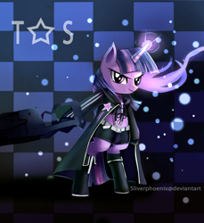 Size: 800x872 | Tagged: safe, artist:incinerater, character:twilight sparkle, bipedal, black rock shooter, cannon, clothing, cosplay, costume, glowing horn, jacket, looking at you, parody, weapon