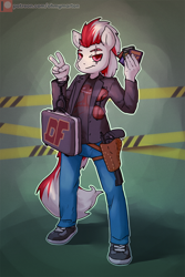 Size: 1080x1621 | Tagged: safe, artist:ohmymarton, oc, oc only, species:anthro, anthro oc, briefcase, card, clothing, commission, looking at you, pants, patreon, patreon logo, shoes, solo