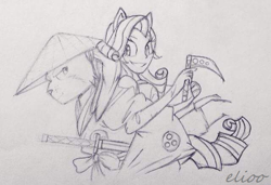 Size: 640x438 | Tagged: safe, artist:elioo, character:rarity, my little pony:equestria girls, clothing, conical hat, crossover, crossover shipping, female, hat, male, miyamoto usagi, monochrome, ponied up, shipping, straight, traditional art, usagi yojimbo