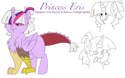 Size: 800x500 | Tagged: safe, artist:zee-stitch, oc, oc only, oc:princess eris, parent:discord, parent:twilight sparkle, parents:discolight, chest fluff, female, hybrid, interspecies offspring, offspring, simple background, snaggletooth, solo, white background