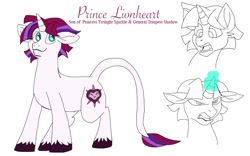 Size: 800x500 | Tagged: safe, artist:zee-stitch, oc, oc only, oc:prince lionheart, parent:tempest shadow, parent:twilight sparkle, parents:tempestlight, species:classical unicorn, species:pony, species:unicorn, cloven hooves, floppy ears, glowing horn, leonine tail, magical lesbian spawn, male, offspring, simple background, solo, stallion, unshorn fetlocks, white background