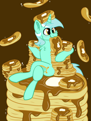 Size: 2400x3200 | Tagged: safe, alternate version, artist:spindlespice, character:lyra heartstrings, species:pony, species:unicorn, brown background, eating, female, food, pancakes, simple background, solo, sparkles