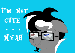 Size: 1024x724 | Tagged: safe, artist:sharpiesketches, oc, oc only, oc:jayofthezenn, species:pony, blushing, bust, glasses, heterochromia, i'm not cute, portrait, scrunchy face, simple background, solo, text, tsundere