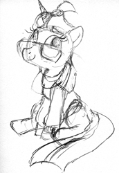 Size: 883x1280 | Tagged: safe, artist:arrjaysketch, character:moondancer, species:pony, species:unicorn, clothing, cute, dancerbetes, female, glasses, monochrome, sketch, solo, sweater, traditional art