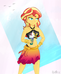 Size: 1498x1802 | Tagged: safe, artist:xethshade, character:sunset shimmer, species:bird, equestria girls:forgotten friendship, g4, my little pony: equestria girls, my little pony:equestria girls, clothing, female, hot, midriff, milkshake, sarong, sexy, solo, straw, swimsuit