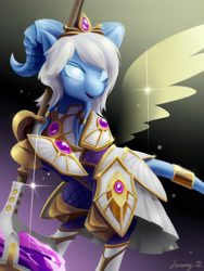 Size: 1536x2048 | Tagged: safe, artist:jeremywithlove, species:pony, armor, cute, draenei, glowing eyes, hammer, hammer of the naaru, heroes of the storm, mace, ponified, solo, warcraft, weapon, world of warcraft, yrel