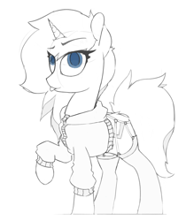 Size: 1221x1456 | Tagged: safe, artist:woonasart, oc, oc only, species:pony, species:unicorn, clothing, colored pupils, female, hoodie, lingerie, mare, monochrome, sketch, socks