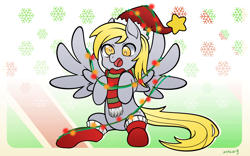 Size: 2362x1476 | Tagged: safe, artist:xenosaga428, character:derpy hooves, species:pegasus, species:pony, blushing, christmas, christmas lights, clothing, cute, female, hat, holiday, mare, scarf, smiling, socks, solo