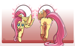 Size: 3359x2100 | Tagged: safe, artist:xenosaga428, character:fluttershy, species:pegasus, species:pony, both cutie marks, dock, featureless crotch, female, mare, plot, portal, rear view, solo