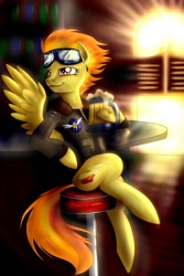 Size: 853x1280 | Tagged: safe, artist:tzelly-el, character:spitfire, species:pegasus, species:pony, bar, bomber jacket, cider, clothing, female, goggles, jacket, mare, sitting, solo
