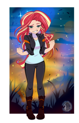 Size: 800x1236 | Tagged: safe, artist:silver-wingx, character:sunset shimmer, equestria girls:friendship games, g4, my little pony: equestria girls, my little pony:equestria girls, clothing, deleted scene, female, jacket, looking down, pants, scene interpretation, smiling, solo