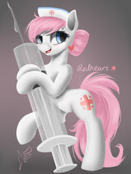 Size: 1728x2300 | Tagged: safe, artist:fluttersheeeee, character:nurse redheart, species:earth pony, species:pony, bipedal, bipedal leaning, broken spine, clothing, cutie mark, female, giant syringe, gradient background, hair bun, hat, leaning, needle, nurse hat, solo, syringe