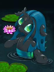 Size: 960x1280 | Tagged: safe, artist:a8702131, character:queen chrysalis, species:changeling, changeling queen, child, cute, cutealis, female, flower, lily pad, looking at you, lotus (flower), pond