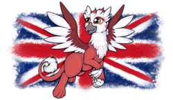 Size: 2000x1160 | Tagged: safe, artist:fishiewishes, oc, oc only, species:griffon, convention, convention:griffish isles, flag, flying, griffish isles, griffon oc, simple background, solo, transparent background, united kingdom